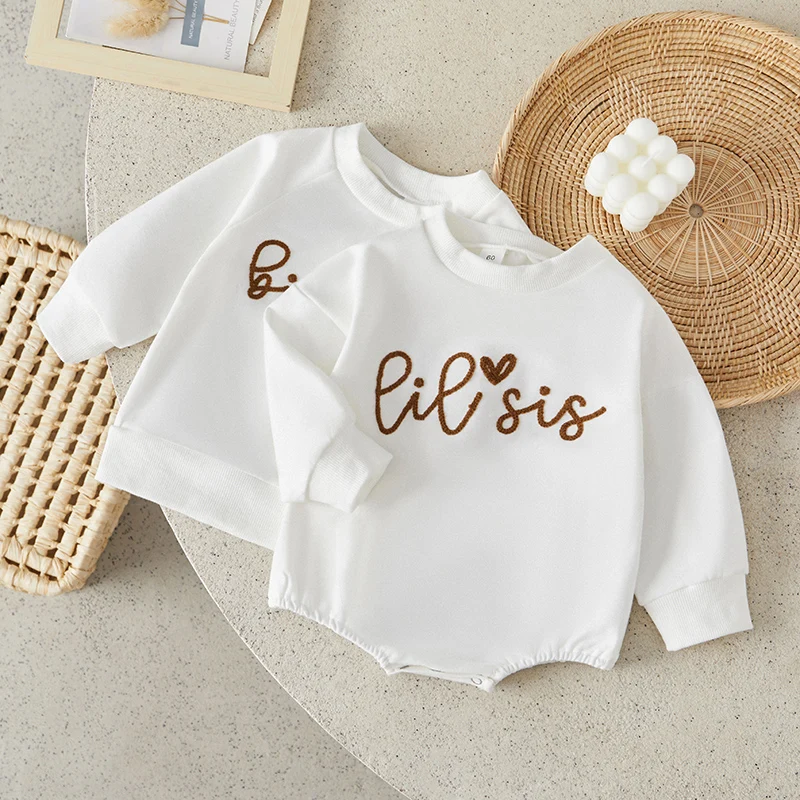 

Suefunskry 1PC Sister Brother Matching Romper Outfits Letter Print Long Sleeve O-Neck Sweatshirt Toddler Spring Fall Tops