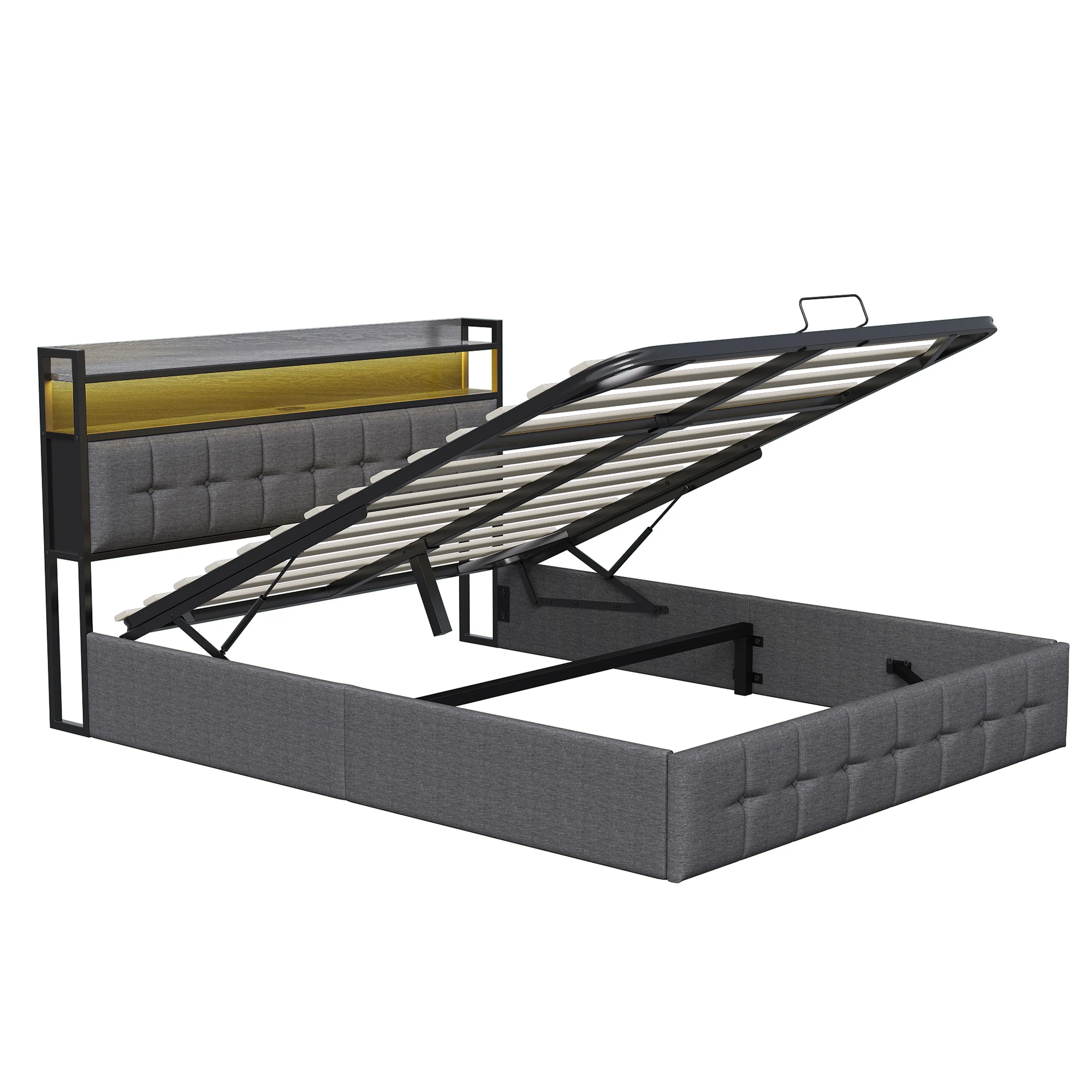 Superaly 140x190cm hydraulisch opbergbed met LED-verlichting en USB-oplaadpoort, gestoffeerd tweepersoonsbed met houten lattenbodem - afbeelding 2