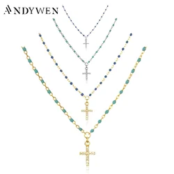 ANDYWEN 925 Sterling Silver Gold Mini Cross Special Long Chain Pendant Necklace 2020 Fine Beads Locker Chains Jewelry For Women