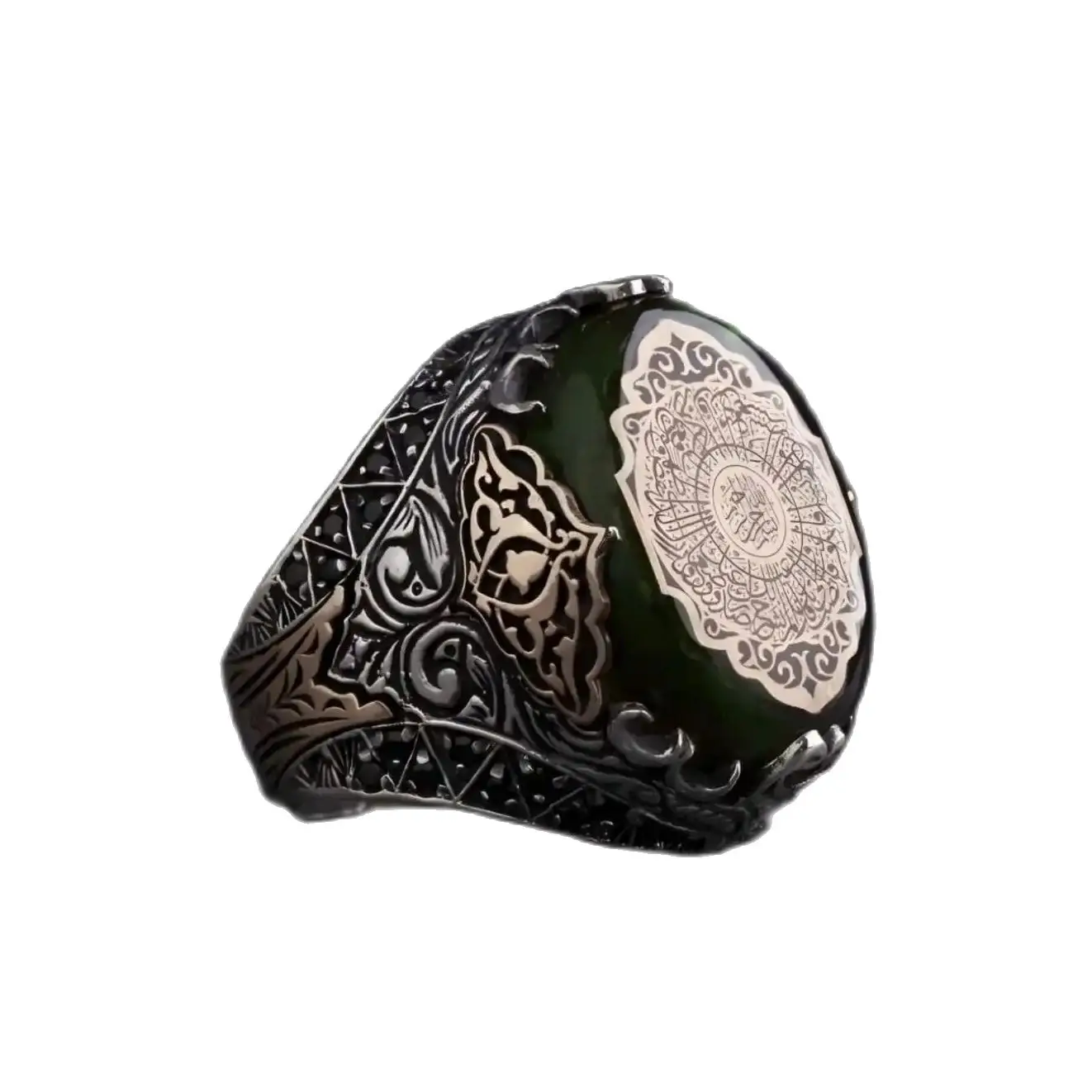 

Unique Vezirhan Model Round Green Amber Stone Men's Ring, Inshirah Sura Engraved, Statement Jewelry, Men Engraved Band