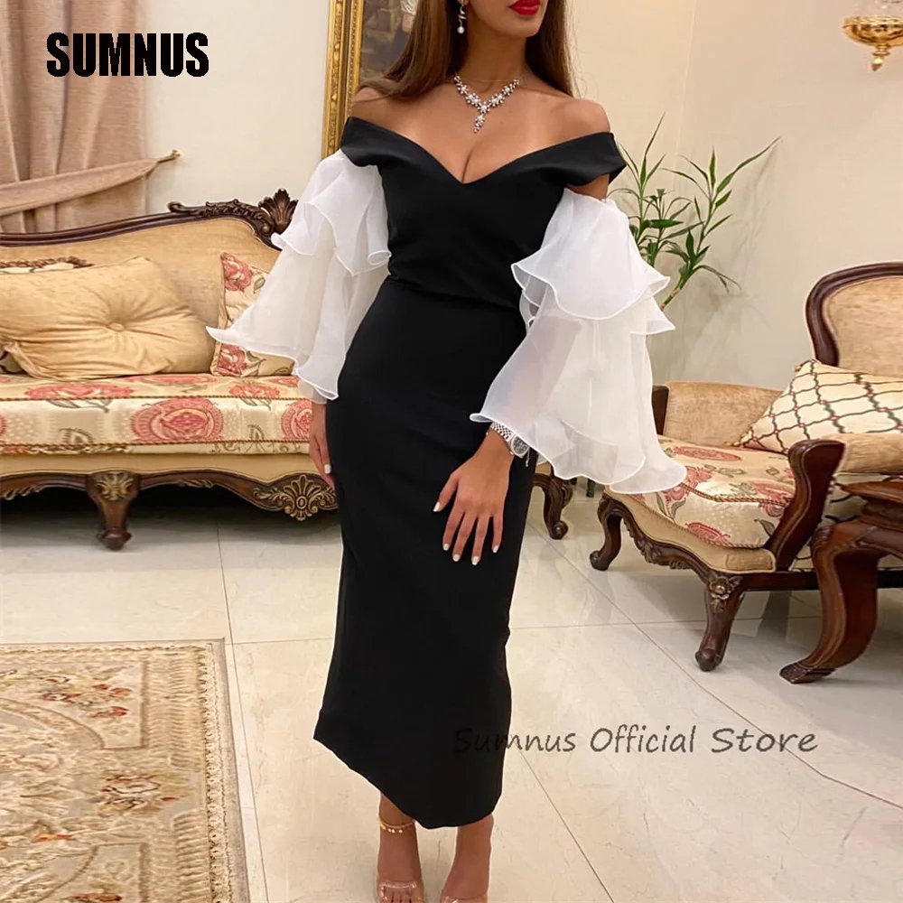 

SUMNUS Satin Off Shoulder Black Mermaid Prom Dresses Saudi Arabic Women Chiffon Ruffles Long Sleeves Ankle Length Eveing Gowns