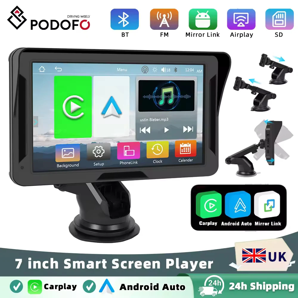 Podofo 7inch Portable CarPlay Android Auto Car Radio Multimedia Video Player Touch Screen Bluetooth With AUX USB MP5 Player