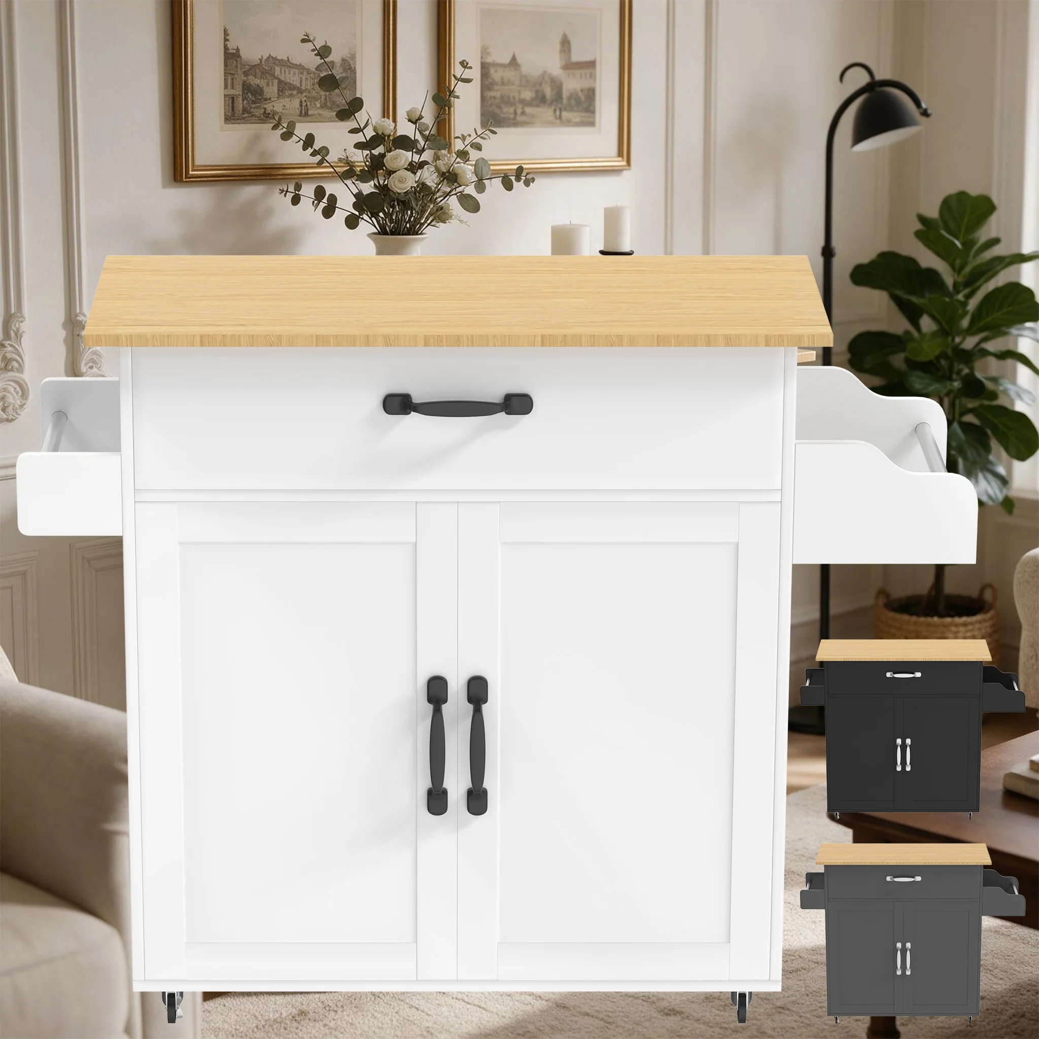Chariot de cuisine mobile multifonctionnel avec armoire de rangement et tiroir, chariot de cuisine mobile avec rotation à 360° °   Chariot de service de cuisine robuste avec roues verrouillables, étagère à épices et porte-serviettes, pour salle à manger à domicile