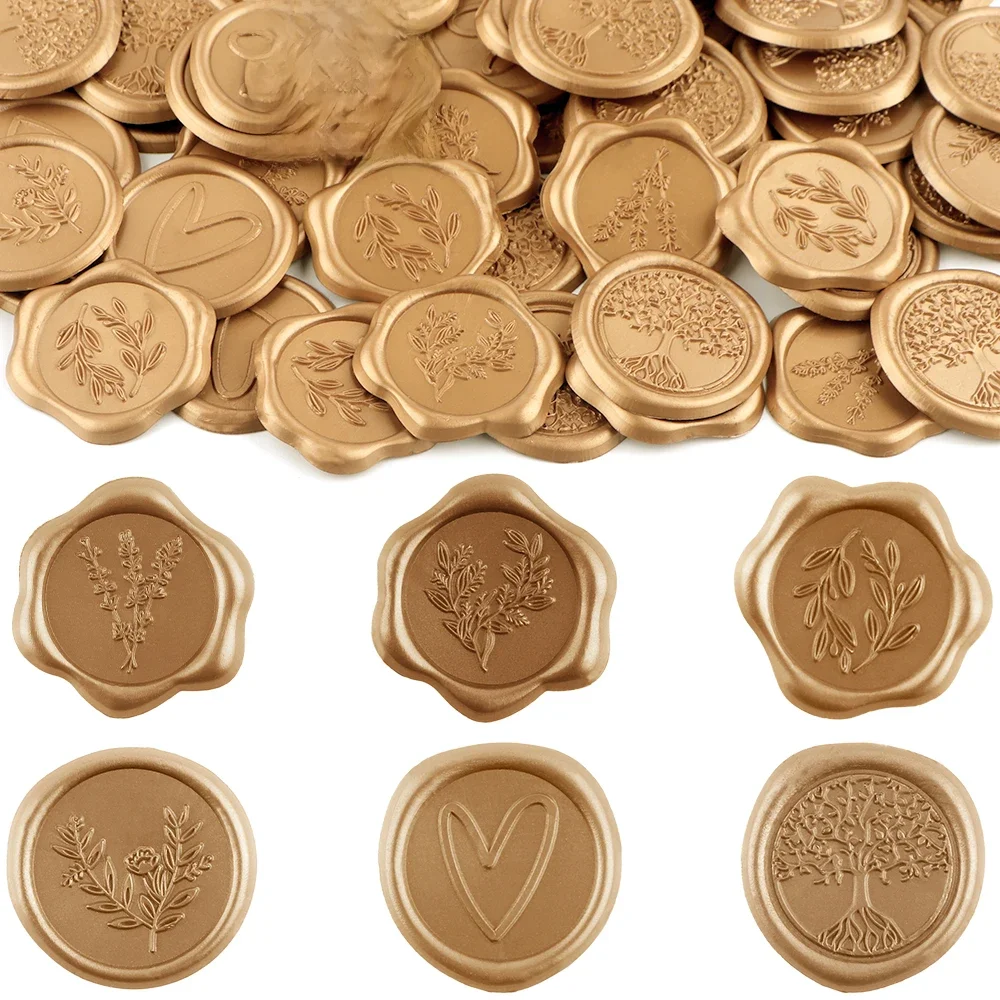 60–120 Stück Wachssiegel-Aufkleber mit Olivenzweig, blühender Zweig, Baum des Lebens, selbstklebende goldene Aufkleber für Umschlaghochzeit