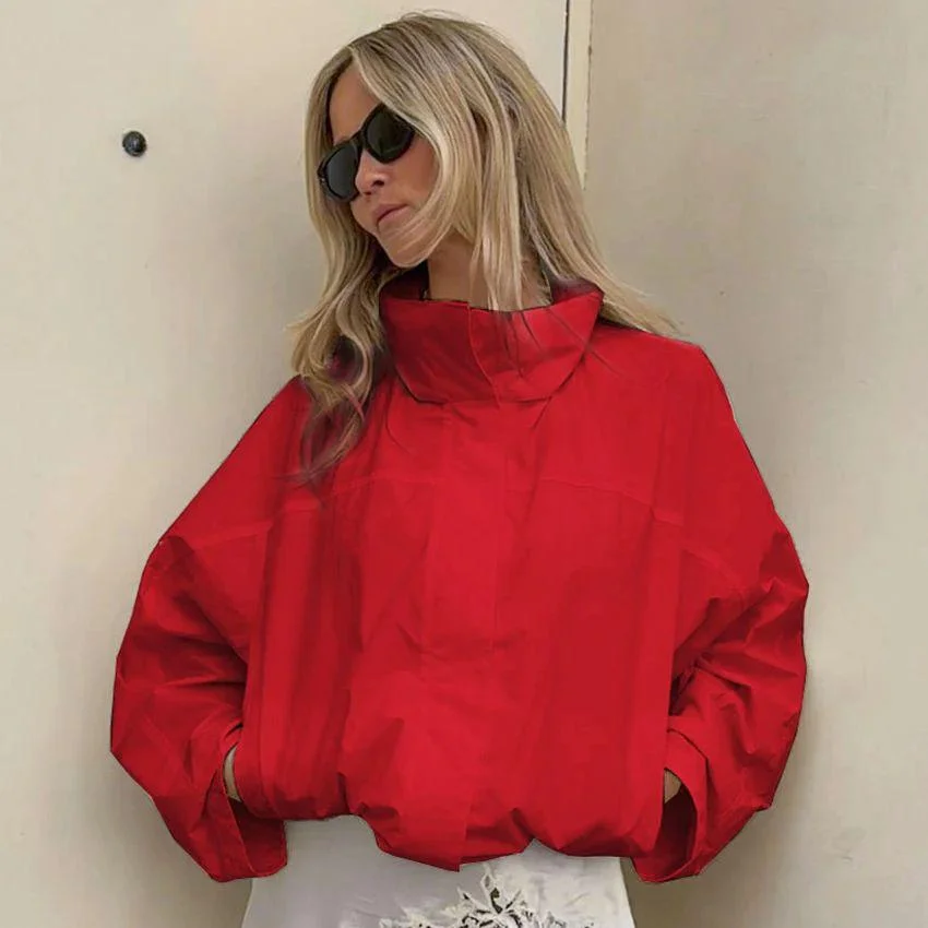 Streetwear Chic Red Jackets Stand Collar Zipper Autumn Winter Casual Long Sleeves Outerwear Luxury Coats Women Tops Trendy 2026