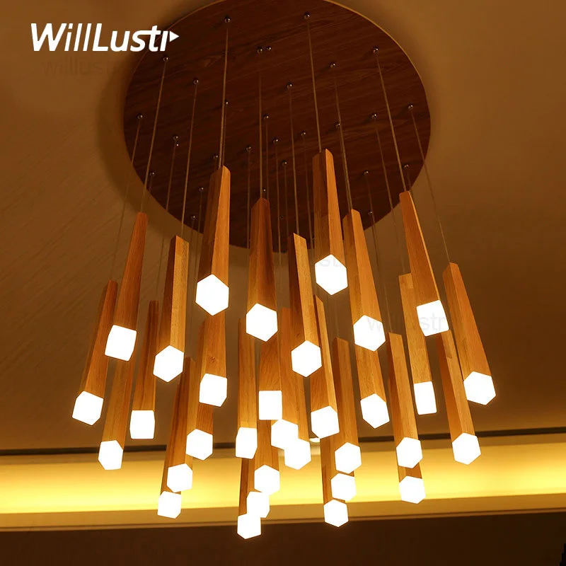 

Wood Pendant Lamp Modern Wooden Suspension Light Hotel Bar Cafe Shop Staircase Matchstick Living Room Hanging Ceiling Chandelier