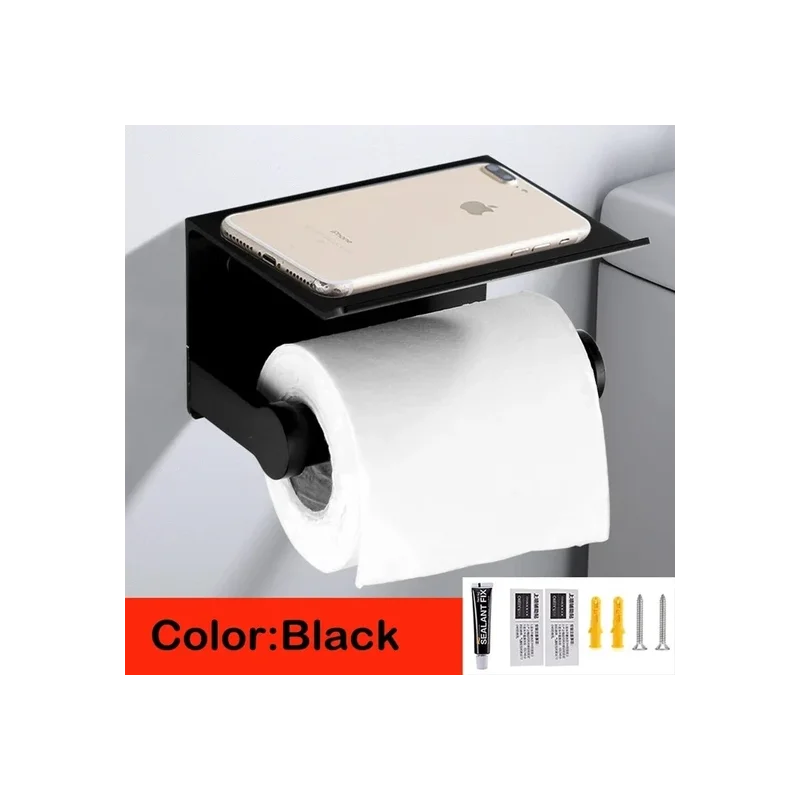 Bathroom Toilet Paper Holder Black Tissue Phone Shelf Wall Mounted Space Aluminum Wc Shelfhower Paper Holder with Rack | Paper