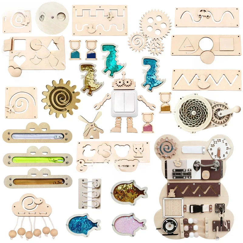 Jouets en bois Montessori pour bébés, planche occupée, horloge d'activité, sablier, nuage, grenouille, avion crocodile, planche assortie, jouets dos