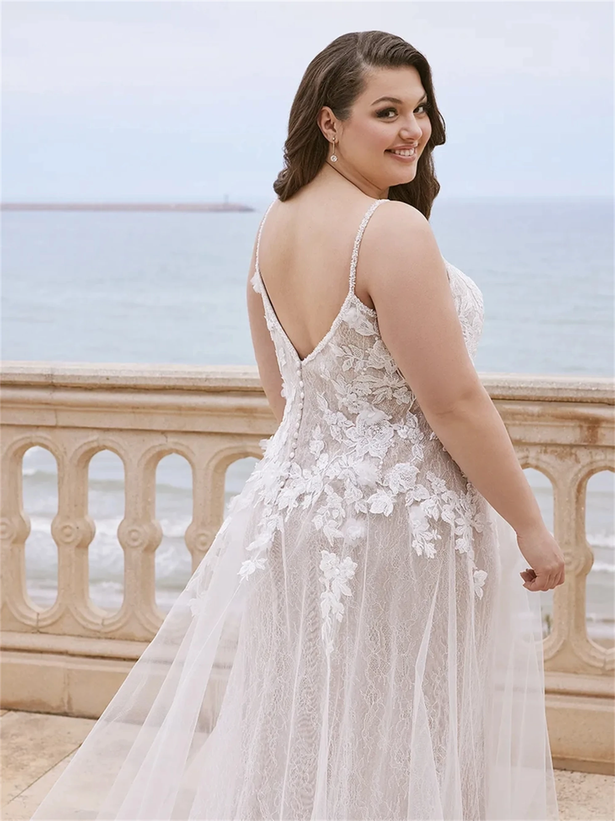 EVON BRIDAL Rückenfreier Tüll Durchsichtiges Split-Design Plus Size Brautkleider Spitzenapplikation Vestidos De Novia Lange Brautkleider