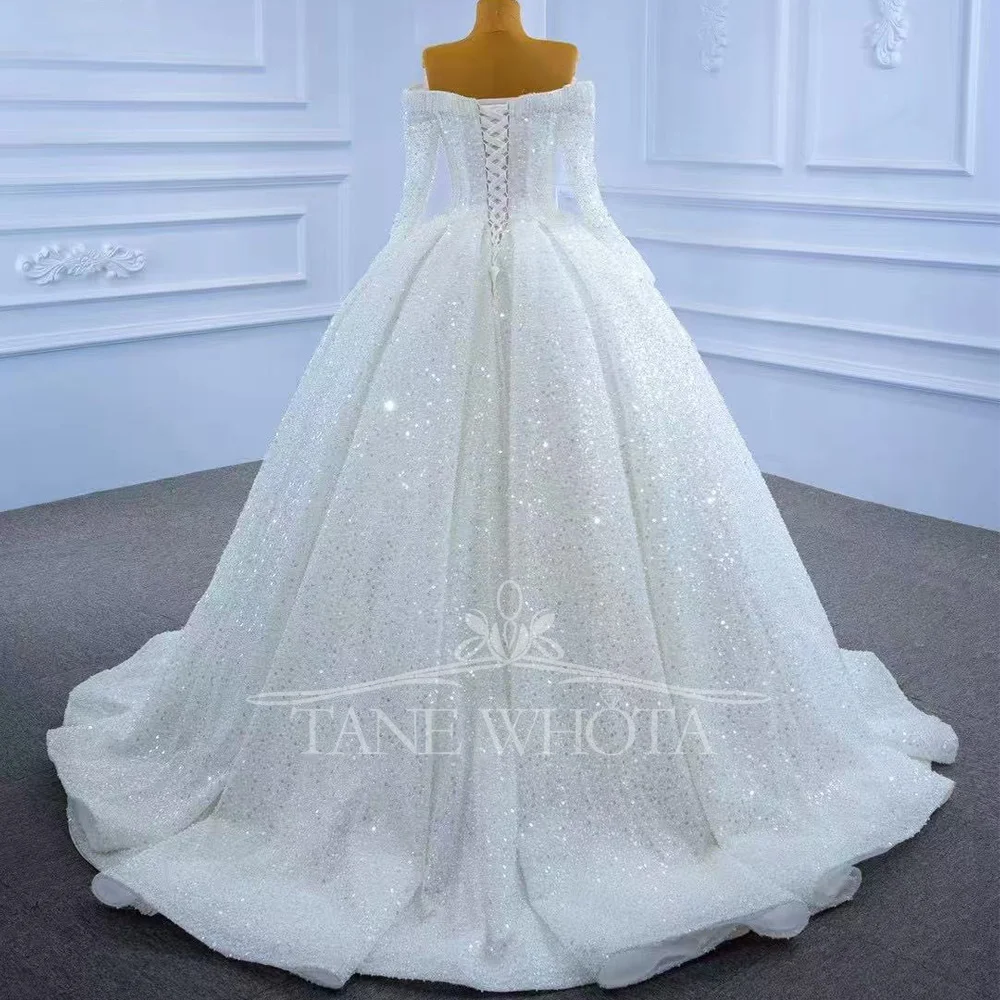 Блестящее свадебное платье с открытыми плечами и длинными рукавами, бальное платье с блестками, роскошные белые свадебные платья