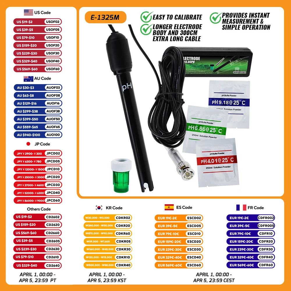 PH Electrode Sensor Probe 300cm Cable Water Analyzer PH Meter fo Aquarium Hydroponics BNC Connector Sonde Ph Piscine