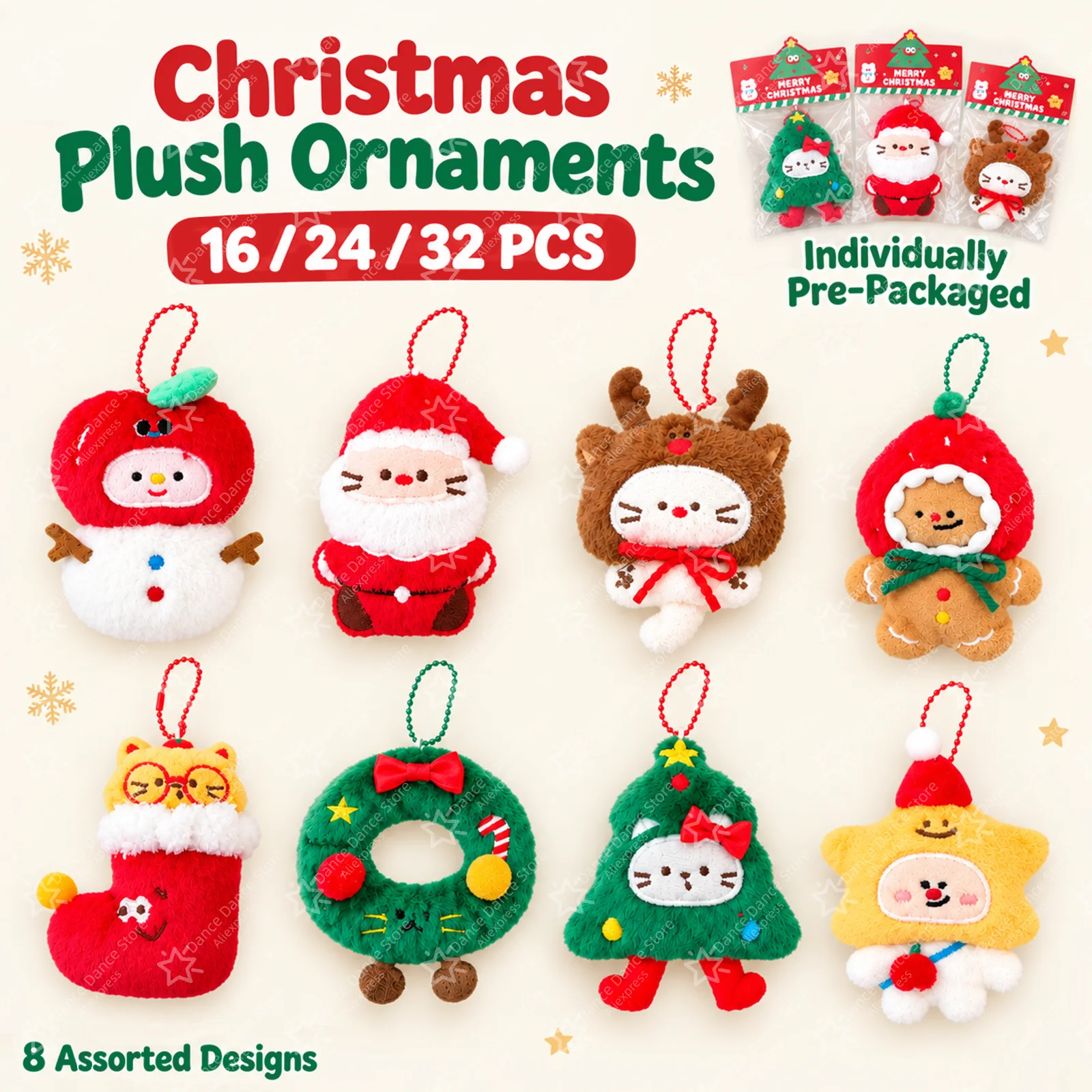 16-32 Stück Weihnachts-Plüsch-Schlüsselanhänger, Großpackung Gefüllte Kleine Ornamente für Weihnachtsbaum-Dekoration, Geschenke, Weihnachtsklassenzimmer-Belohnung, Weihnachtsspielzeug