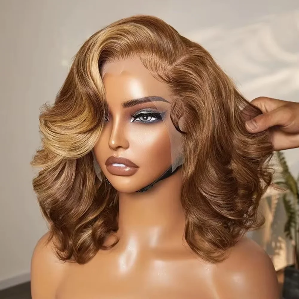 Highlight Körper Welle Bob Perücke Menschliches Haar 13X4 Spitze Front Menschliches Haar Perücken Für Frauen Honig Blonde HD Transparent spitze Frontal Perücke