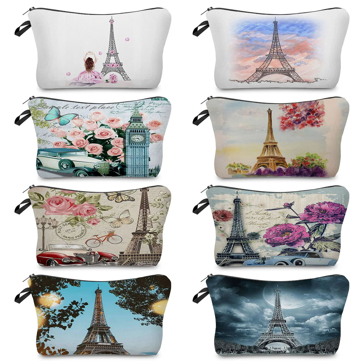 Zipper Female Eiffel Tower  Printed Lady Makeup Bag Pencil Case For Girl Travel Casual Women Cosmetic Bag Portable Toiletry Bag