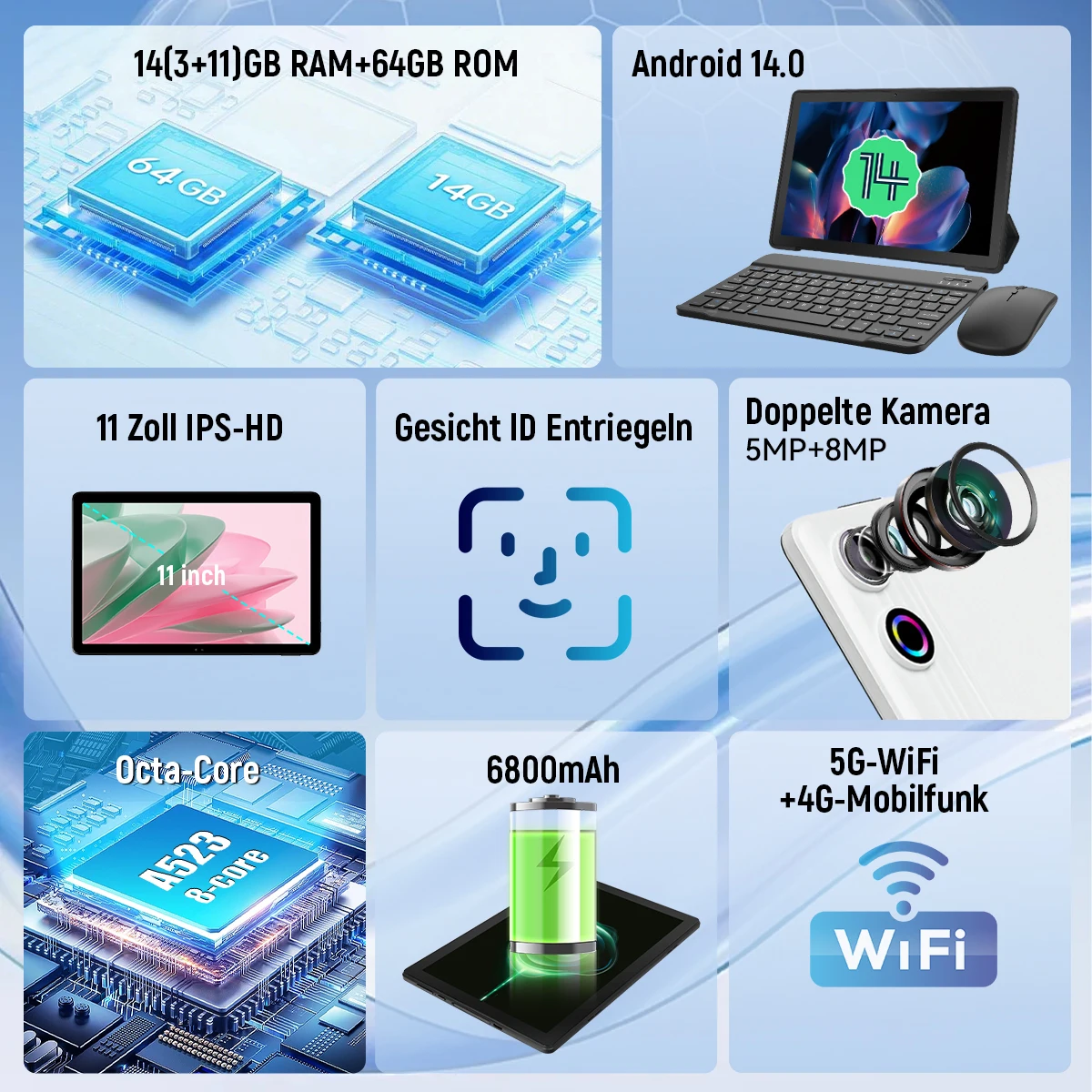 Tablet Android 14 o przekątnej 10,95 cala, 14 GB RAM, 64 GB ROM, procesor Octa-Core, bateria 6800 mAh z etui z klawiaturą, myszą i rysikiem, zestaw tabletowy 8 w 1.