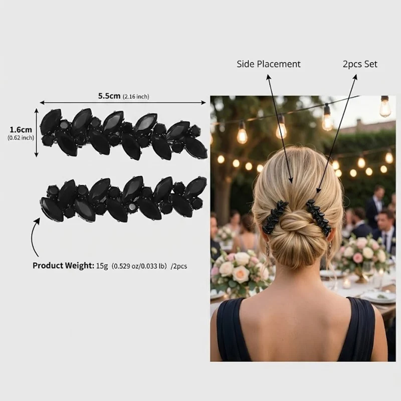 

2PC Small Black Hair Comb Clip Set Leaf Shape Crystal Bangs Holder Elegant Bun Decoration Hairpin for Bridesmaid Prom 5.5cm