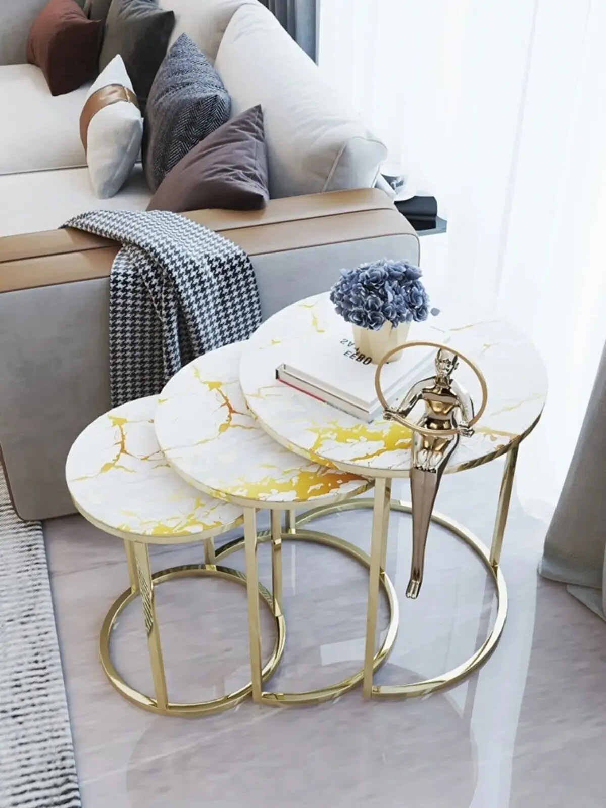 Decorative Gold Nesting Table Set of 3 Unbreakable Tempered Glass Luxury Marble Design 3Pcs Coffee Table for Living Room 3Pcs