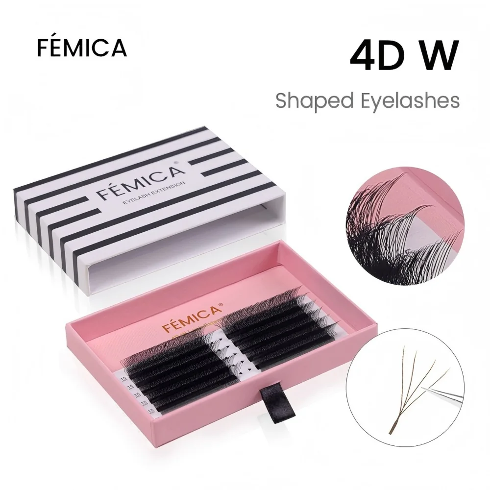 FÉMICA-4D W-vormige wimperextensions, premade volumefans, 0,07 mm W-vormige krul, 3D, 8D-dichtheid, valse wimpers voor make-up