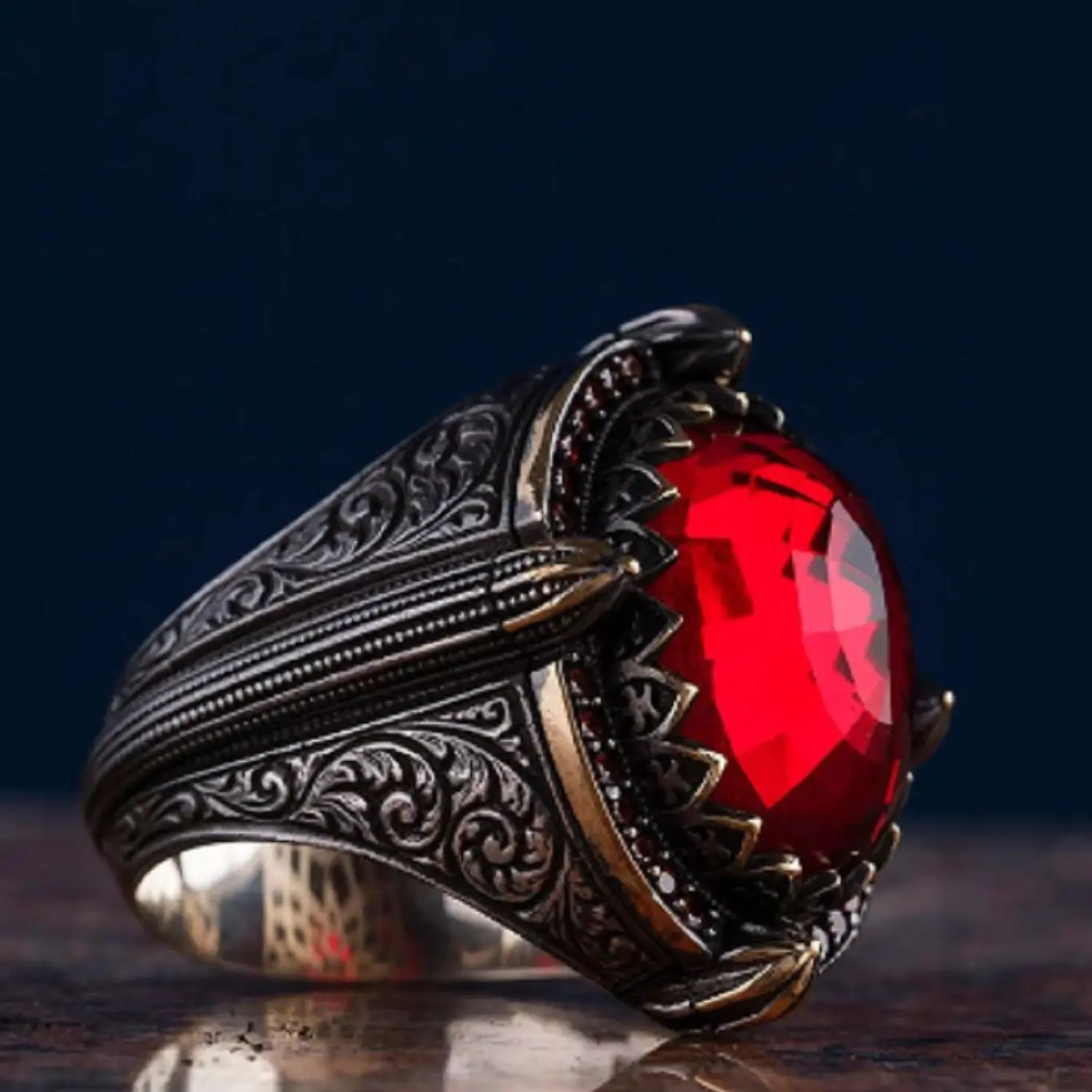 Sterling Silver Men's Ring with Red Topaz - Engraved Band, Unique Paraiba Stone Jewelry