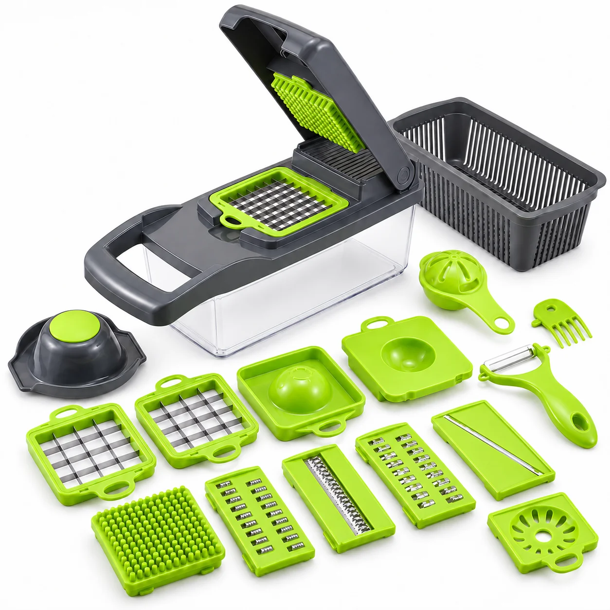 Effortless Multi-Functional Vegetable Chopper with 7 Interchangeable Blades, Quick & Uniform Dicing, Slicing, Grating & Shredding, BPA-Free Kitchen Tool with Container