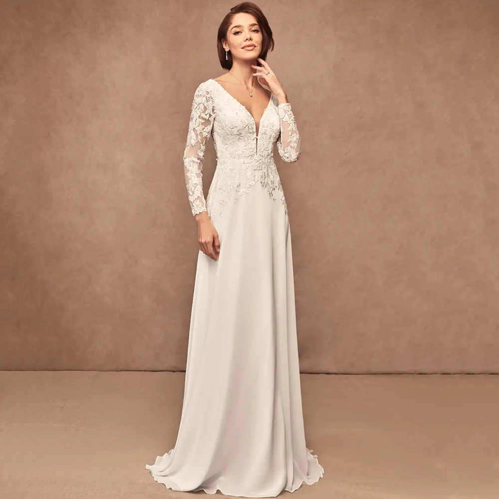 Boho Applique V-Neck Long Sleeve Wedding Dress A-Line Floor Length Sexy Open Back Seaside Elegant Bride Custom Sweep Train Gowns