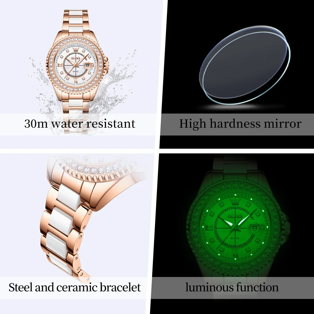 OLEVS 3685 Elegant Diamond  Women's Watch with Ceramics Strap Original Quartz Luxury Ladies Wristwatch Christmas Gift