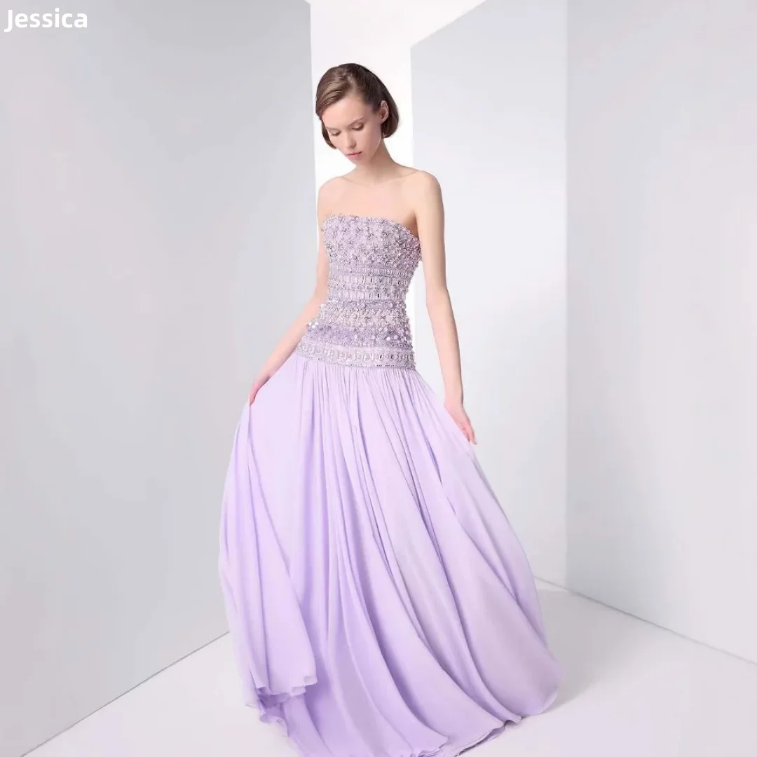 

Jessica Lavender Purple Evening Dresses Luxurious Beaded Sequins Prom Dresses Sexy Off-shoulder A-line Chiffon Customized