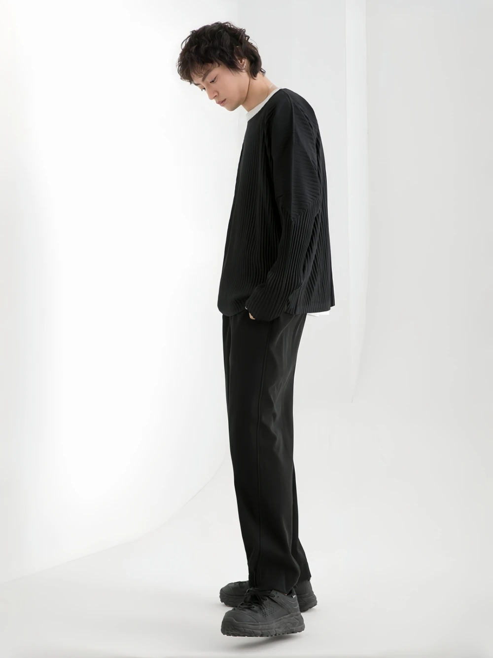 Miyake Shirt Long Sleeve T Shirt Casual Loose T-shirts Round Collar Men's Top Miyake Pleated