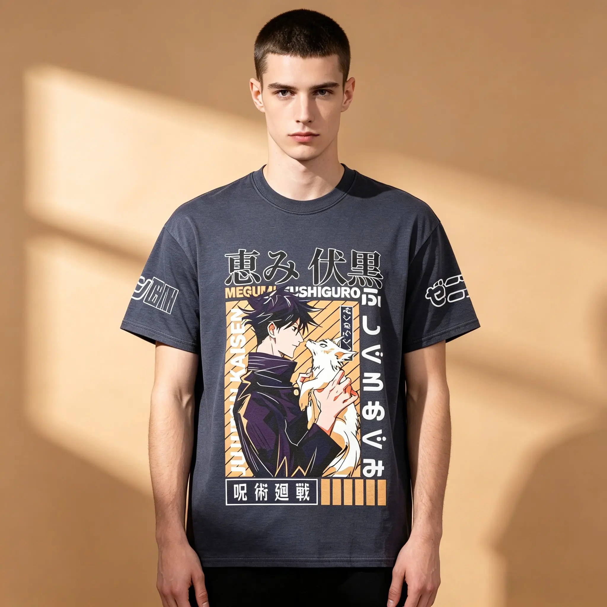 Herren Jujutsu Kaisen Megumi Fushiguro Doppelseitiges T-Shirt, Marineblaues Anime-Fuchs-Shikigami-Grafik Baumwoll-Kurzarmshirt