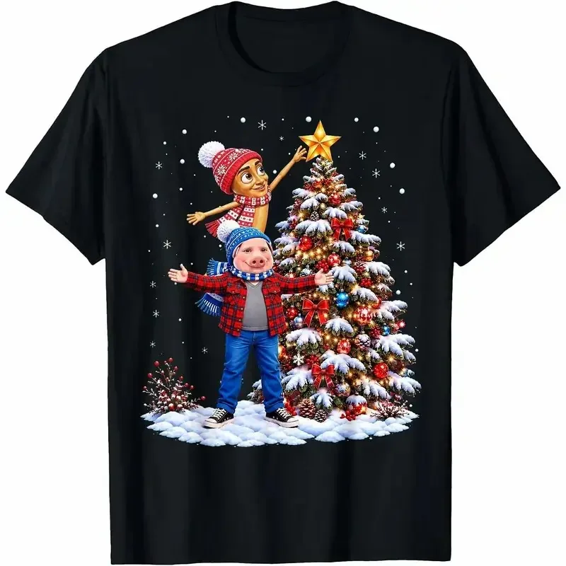 100% Cotton Graphic T-Shirt Funny Tung Tung Sahur John Pork Christmas Tree Lights Winter T-Shirt Cotton Unisex Tee Clothing