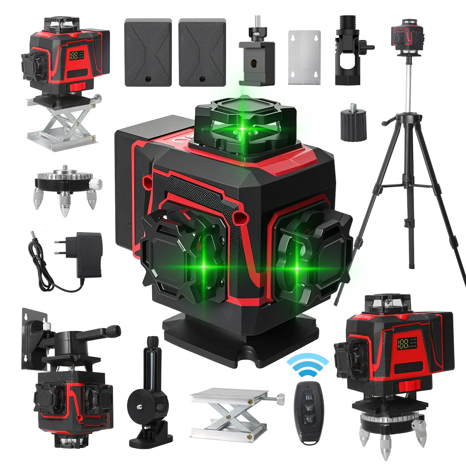 Niveau laser 4D 16 lignes avec trépied, ligne verte, auto-nivelant 360° °   Niveaux laser verts à faisceau horizontal et vertical avec télécommande