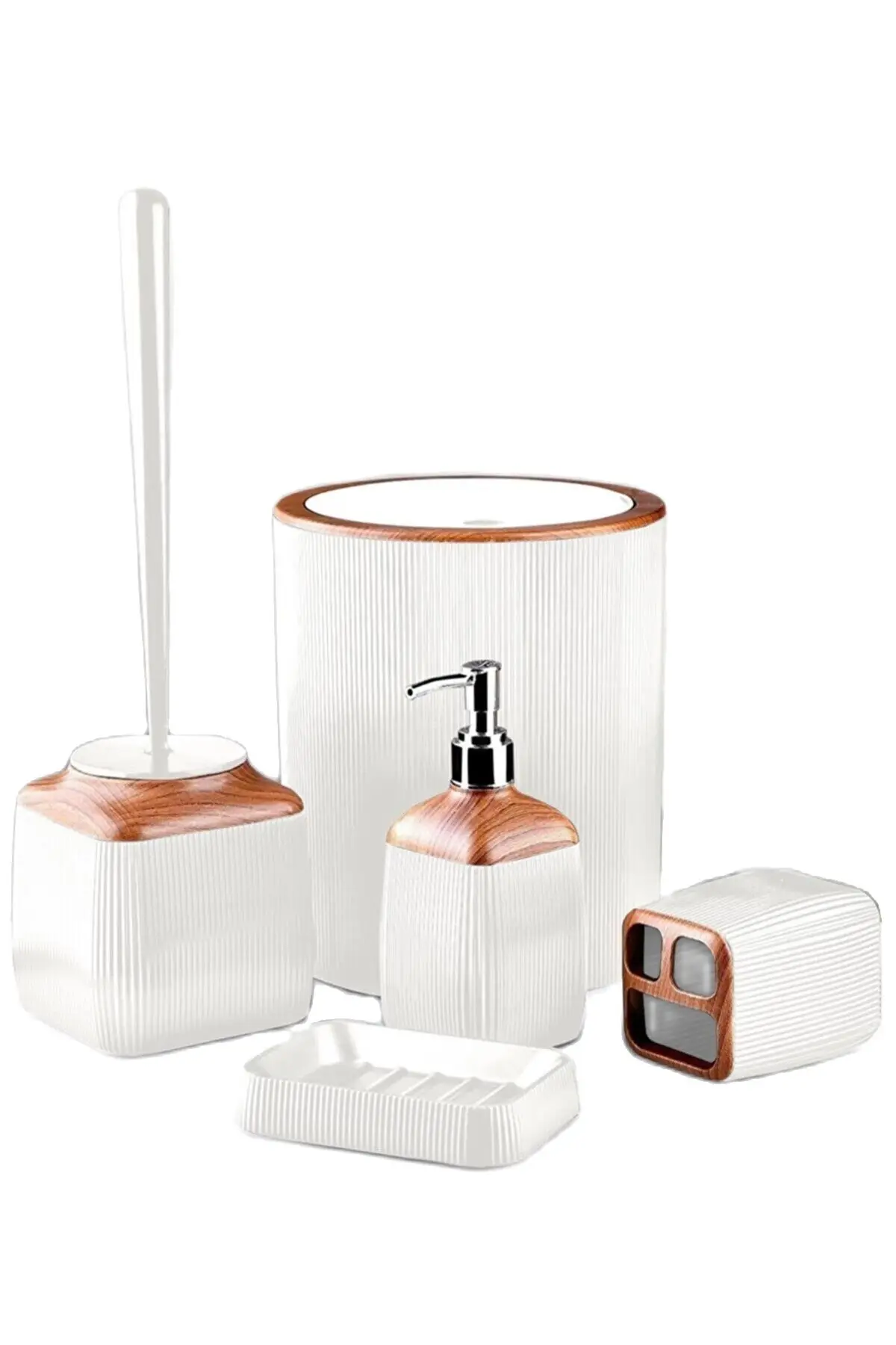 

Bathroom Accessory Set Plastic Wooden White 5 Pcs Lux Toothbrush Holder Liquid And Solid Soap Dispenser Trash Can Toilet Brush