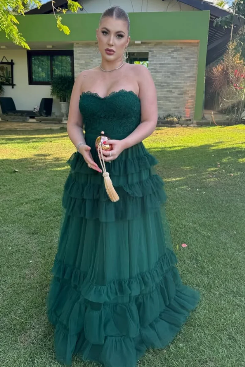 Annie Sexy Off-shoulder Prom Dresses Lace Embroidered Tulle Evening Dresses Green A-shaped Curled Edge Multi-layer Prom Dress