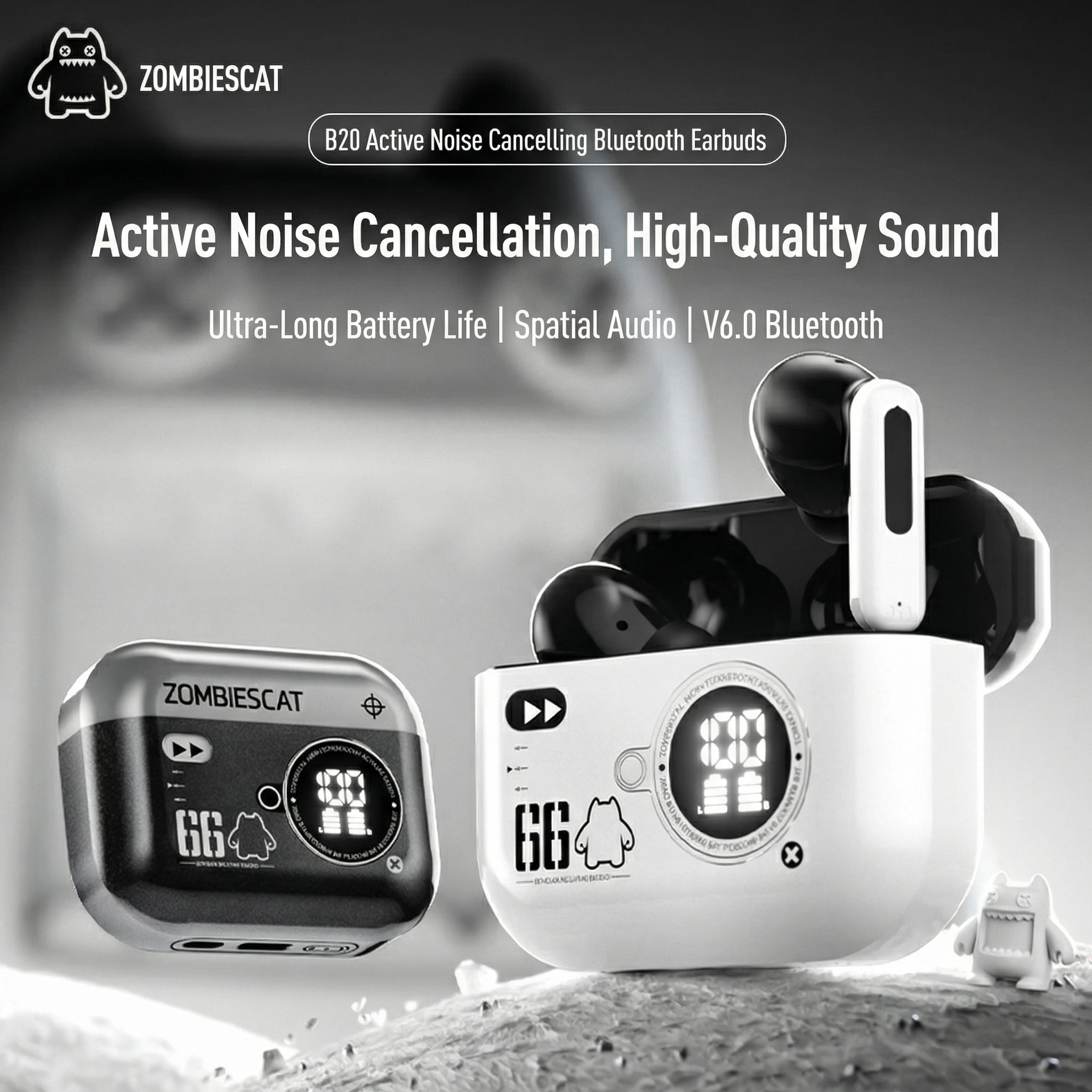 ZOMBIESCAT B20 Alloy ANC Earbuds Bluetooth 6.0 Noise Reduction Wireless Headphones LED Display Deep Bass Low Latency Gaming