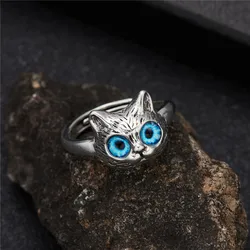 Vintage Gothic Blue Eye Cat Face Opening Metal Ring For Women Men Retro Fashion Silver Color Female Party Wedding Jewelry Gifts