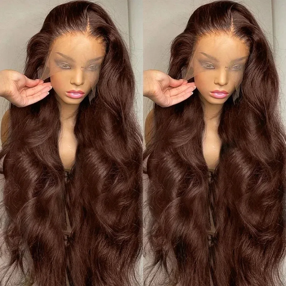 28 30 Inch Chocolate Brown Colored Body Wave 13X6 HD Transparent Lace Front Human Hair Wigs Brazilian Preplucked Water Wave Wig