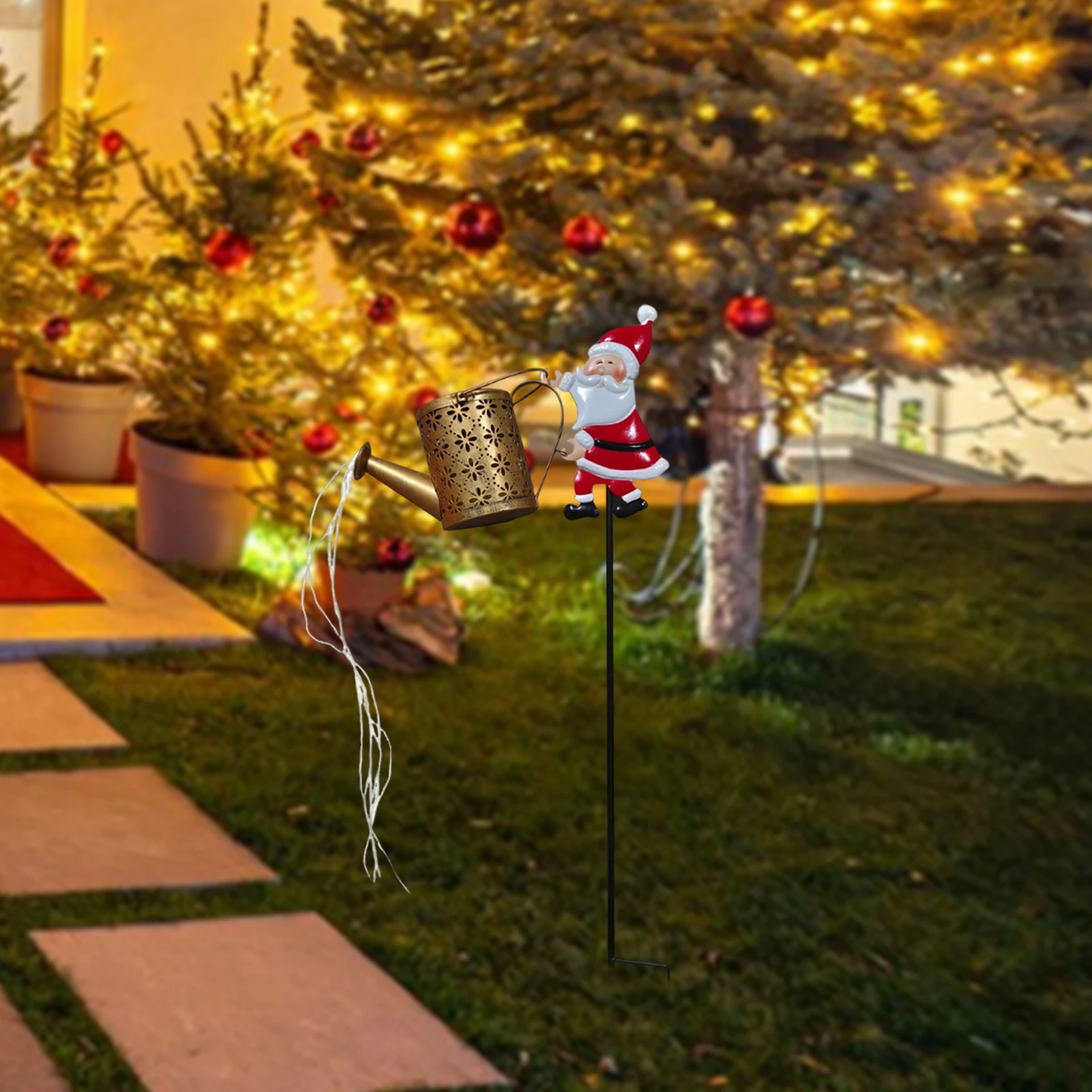 يمكن سقاية سانتا التي تعمل بالطاقة الشمسية تضيء المصباح الأرضي أضواء الزخرفية للمنزل ساحة الحديقة عطلة الديكور #4