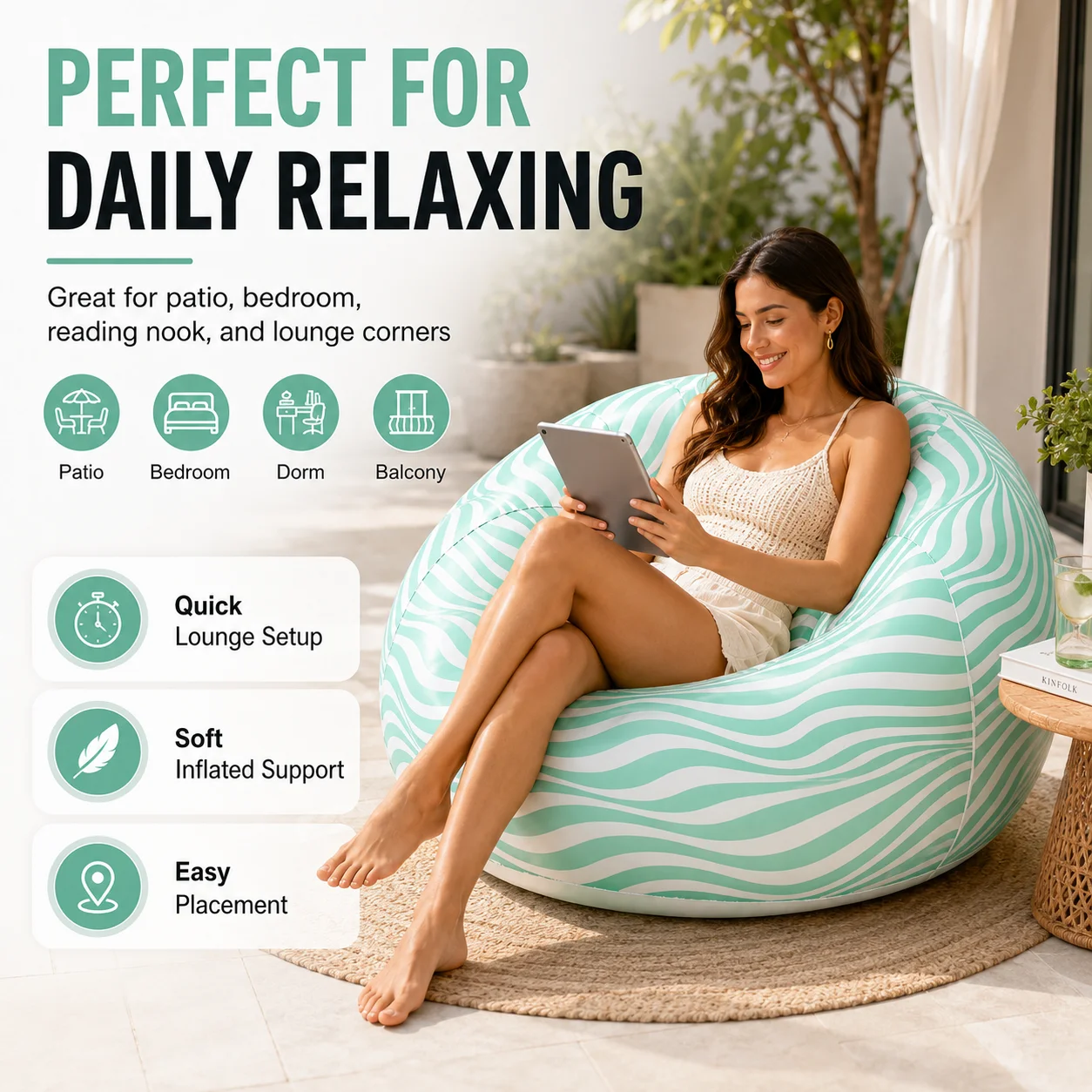 1PC Inflatable Bean Bag Chair, Air Sofa Striped Lounge Sofa, PVC Lazy Recliner Pool Float Indoor Outdoor Portable Waterproof - view 5