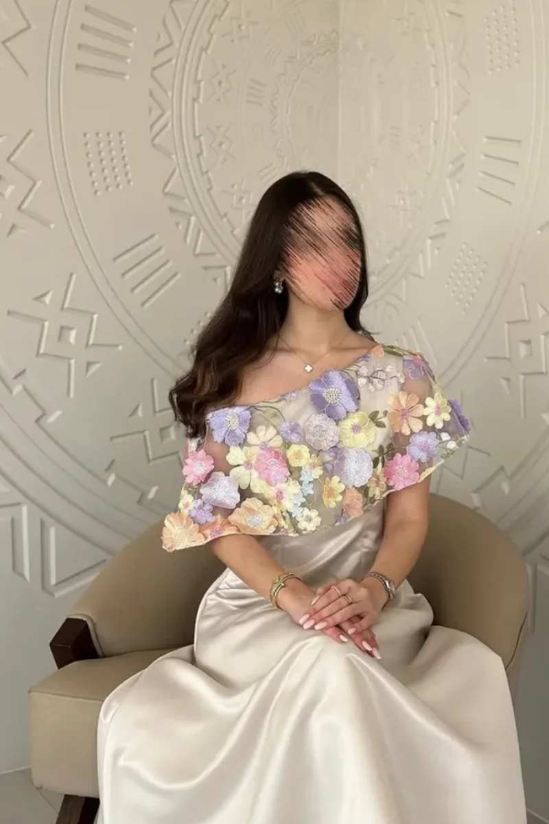 Jessica One Shoulder Embroidered With Flowers Evening Dresses Champagne Prom Dresses Ankle-length Women Vestidos De Gala