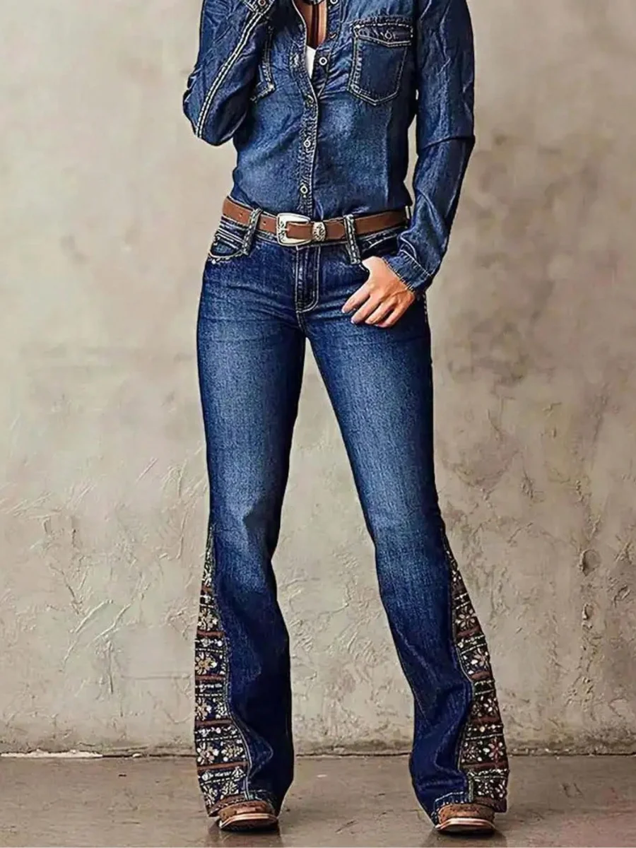 

HME [Y2K Flare Jeans] Women's Printed Paisley Hem Bootcut Jeans, Elegant Printed Flora Pants Women T04