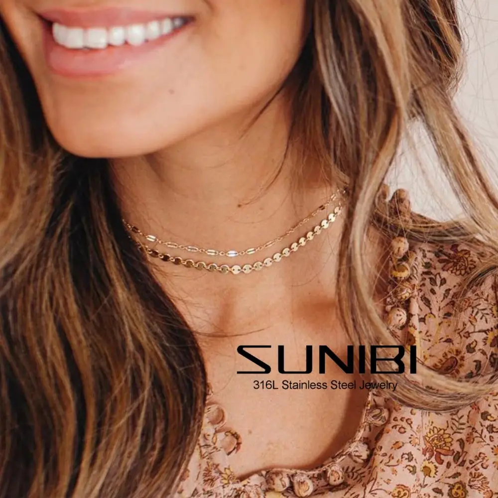 SUNIBI Layered Choker Necklace for Women Gold Color 316L Stainless Steel Thin Chain Necklaces Jewelry Wholesale Dropshipping