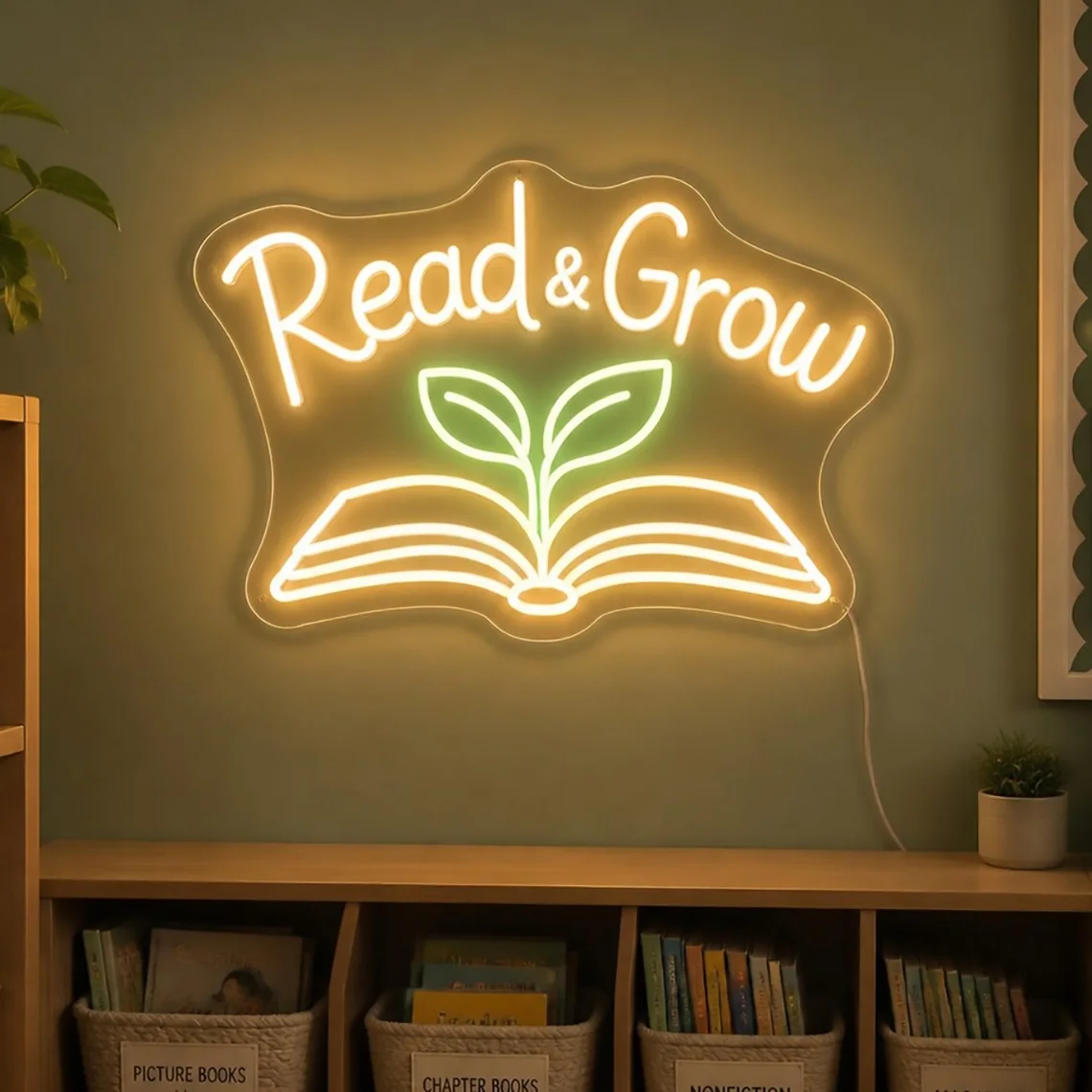 Read and Grow Classroom Sign Neon Sign Warm Neon Reading Nook Neon Library Corner Wall Decor Sign