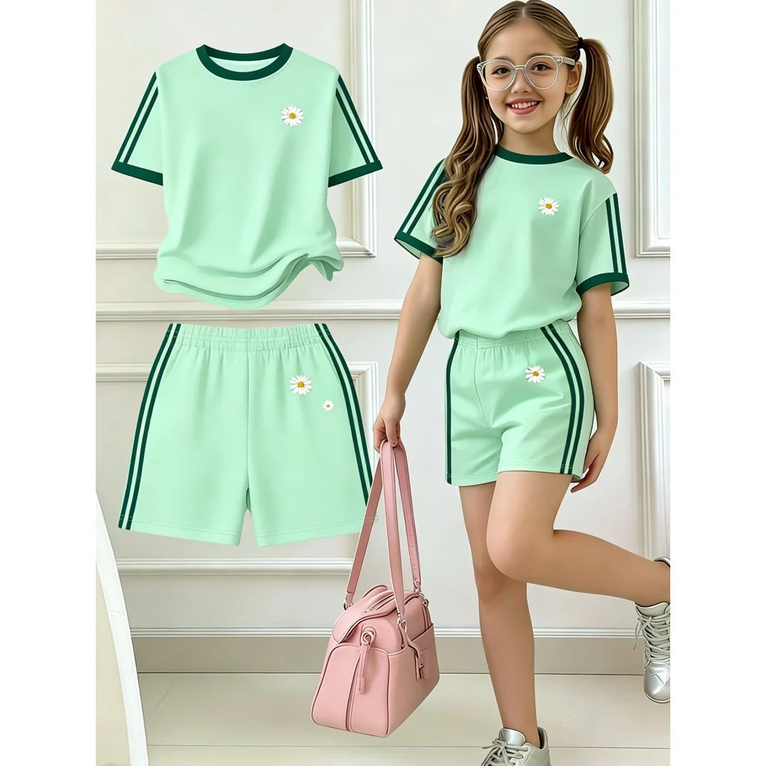 Kinder-Sommer-2-Teiler-Outfit: T-Shirt mit Schleifenstickerei und Streifenmuster, kurzen Ärmeln und Shorts mit elastischem Bund für Mädchen, Sport- und Freizeitkleidung für den Alltag. – Detail 8