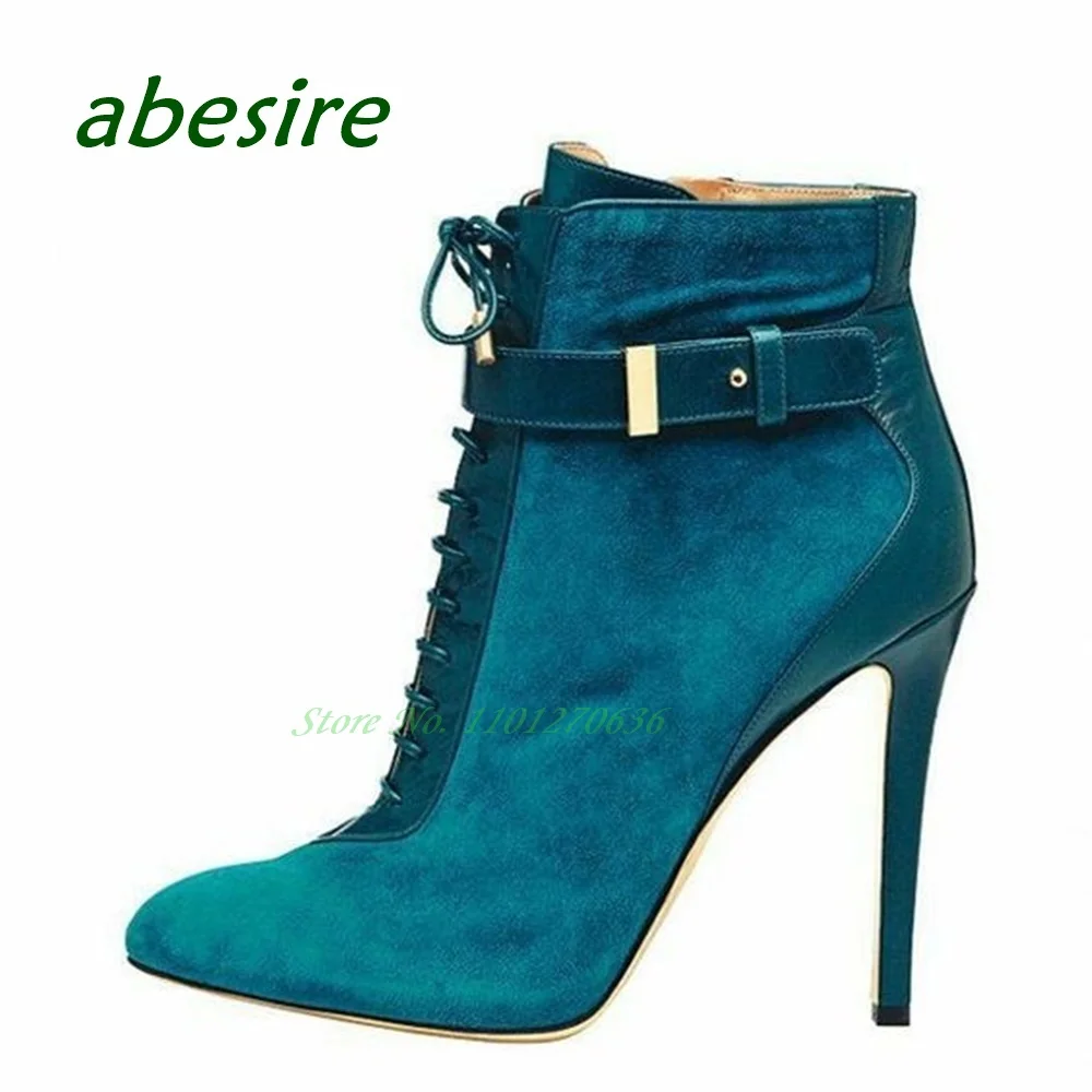 

Suede Blue Lace Up Ankle Boots Round Toe Stiletto Heels Women's Boots Short Buckle Cross Tied Patchwork 2023 New Plus Size 46