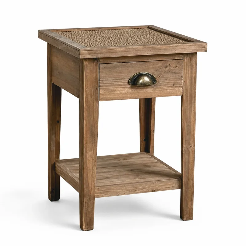 Handmade Solid Fir Wood Side Table with Rattan Top, Drawer and Storage Shelf Rustic Farmhouse Nightstand for Bedroom Living Room