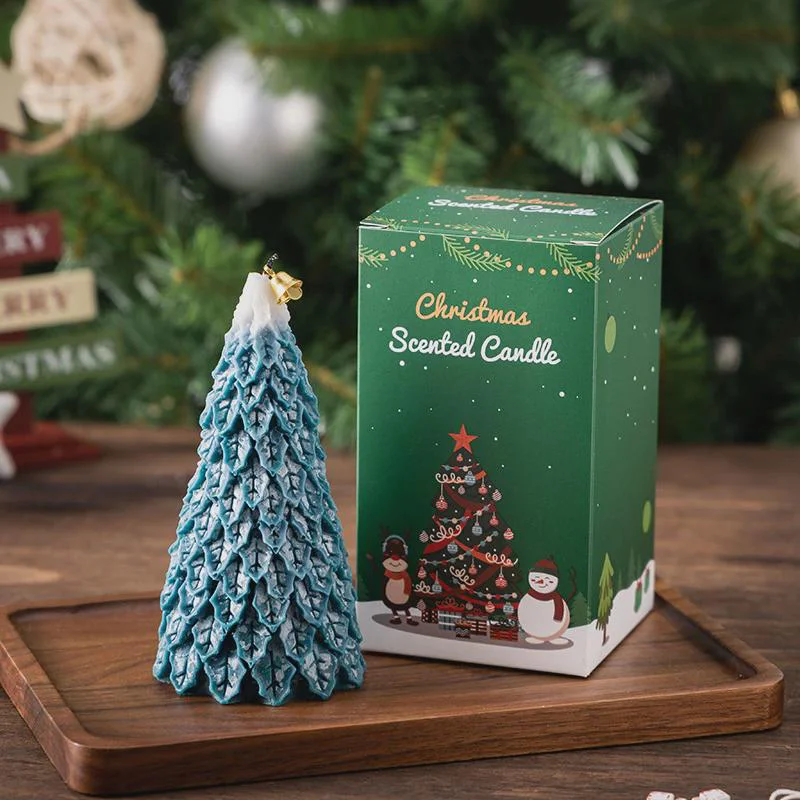 Vela perfumada de árbol de Navidad blanca y verde grande, vela de árbol de nieve de cera de soja hecha a mano para decoración navideña y regalo