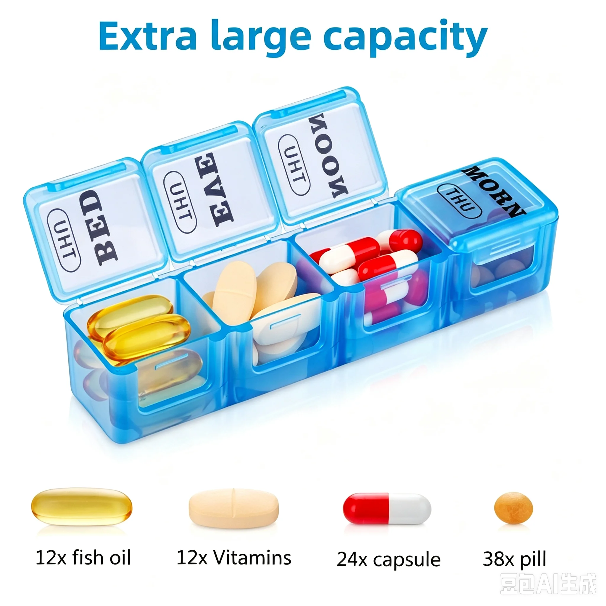 XL Weekly Pill Organizer 4 Times a Day, 7 Day Pill Box 28 Grids BPA‑Free Detachable Daily Pill Trays Portable Medicine Storage Case for Vitamins Fish Oil Supplements