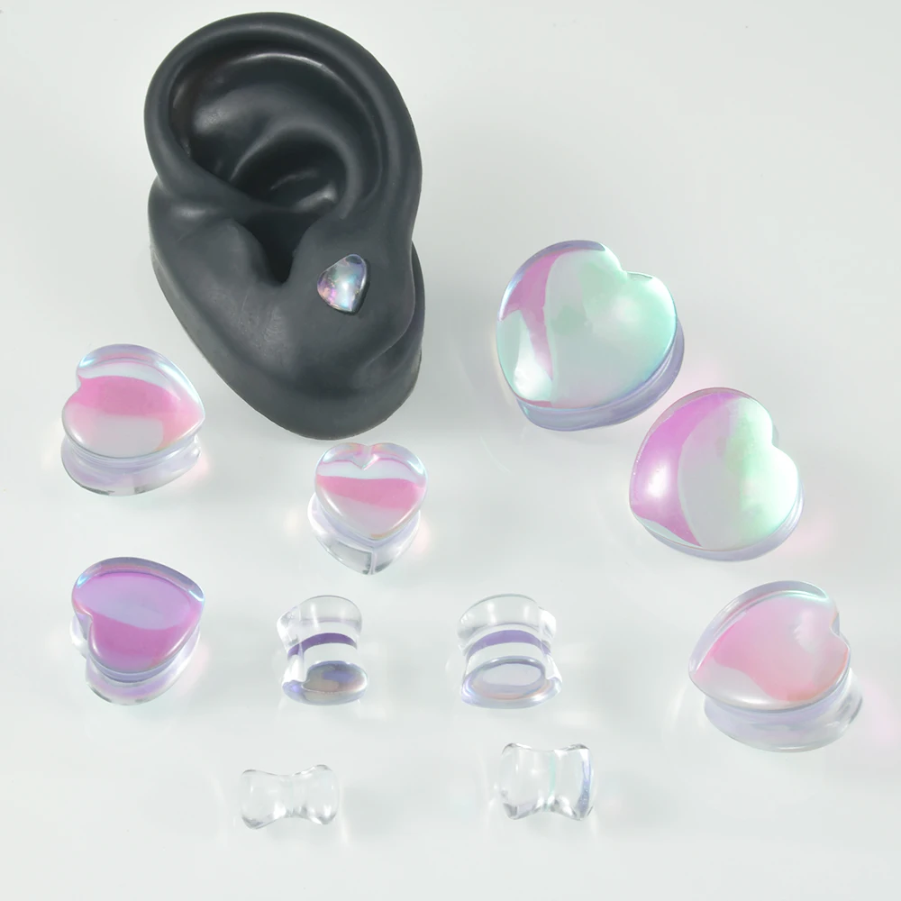 2Pcs Natural Glass Sparkle Heart-shaped Ear Gauge Tunnels Plugs Ear Expander Stretcher Body Jewelry