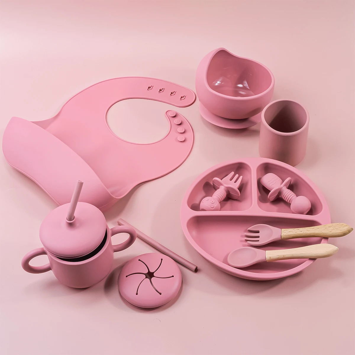 

9pcs/set baby silicone feeding set wooden spoon fork cutlery suction bowl plate sucker training waterproof bib for gift