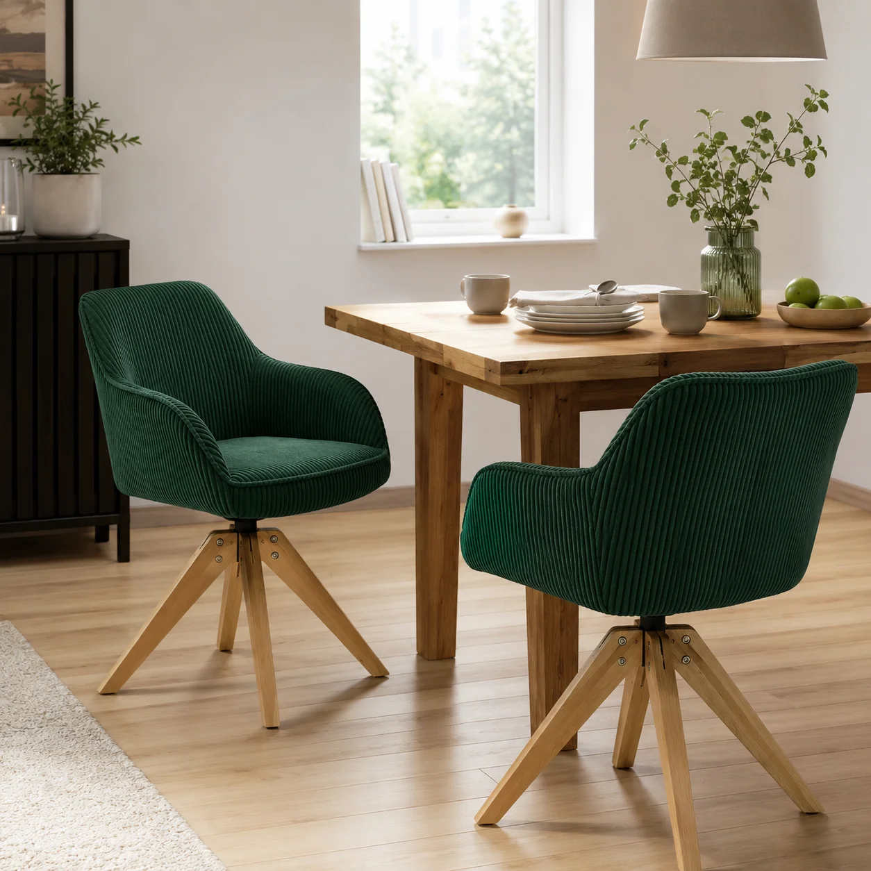 2er Set Retro Drehstühle im leichten Luxury Stil mit 360 Grad leiser Drehfunktion dunkelgrüner Samtbezug Massivholzbeine gepolstert für Esszimmer Wohnzimmer Büro